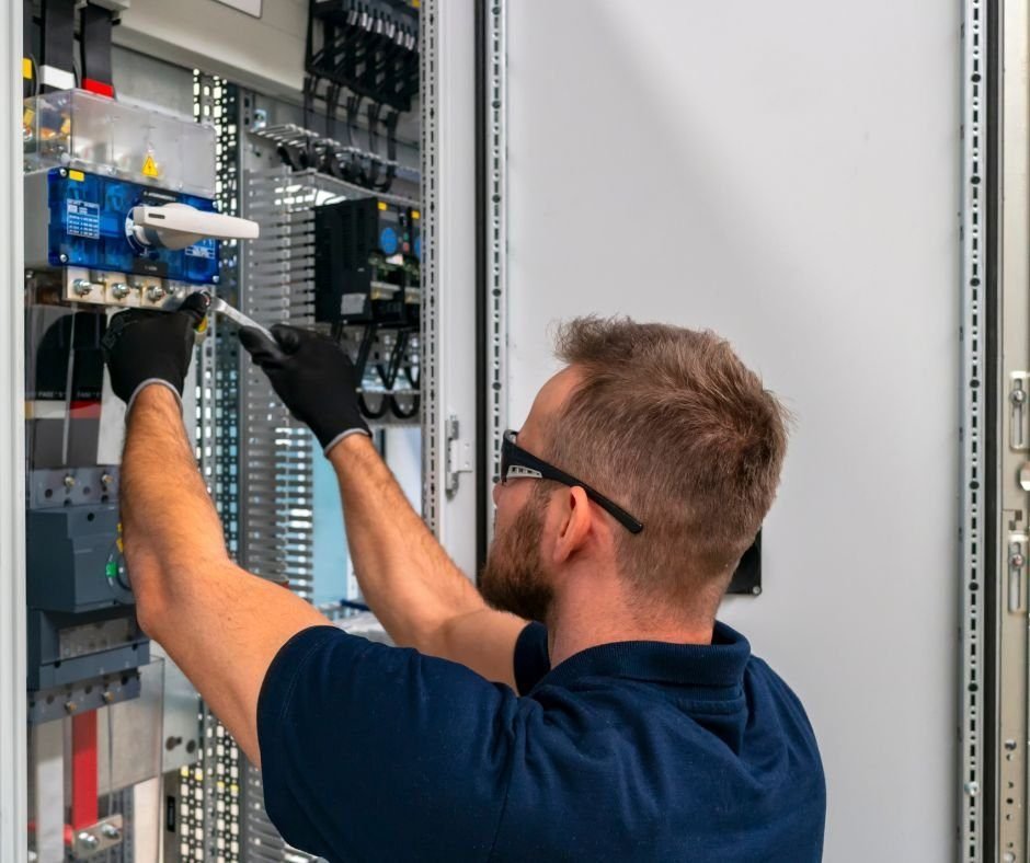 Elektrofachkraft arbeitet an einem industriellen Verteilerkasten